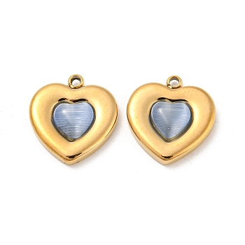 304 Stainless Steel Charms, with Cat Eye, Heart Charm, Real 14K Gold Plated, Light Steel Blue, 14x13x3.5mm, Hole: 1.2mm