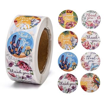 DIY Scrapbook, 1 Inch Thank You Stickers, Decorative Adhesive Tapes, Flat Round with Flower & Word Thank You, Colorful, 25mm, about 500pcs/roll