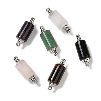 Natural Mixed Stone Connector Charms, with Stainless Steel Color Plated 304 Stainless Steel Findings, Column Links, 36x12mm, Hole: 1.2~1.4mm