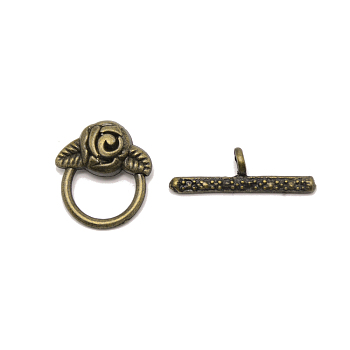 Zinc Alloy Toggle Clasps, Rose, Antique Bronze, 7.5~19x16.5~25x4.5~6mm, Hole: 1.4mm and 2.1x3mm
