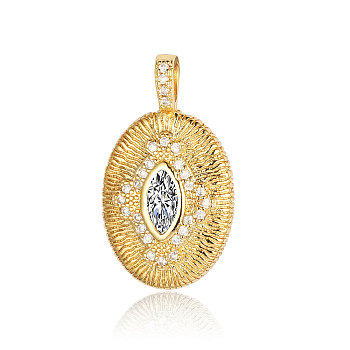 Brass Micro Pave Clear Cubic Zirconia Pendants, Oval with Horse Eye Charms, Real 18K Gold Plated, 27x16x3.5mm
