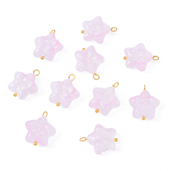 10Pcs Star with Bowknot Glass Pendants, with Golden Tone Brass Loops, Pink, 18mm, Hole: 2mm, 10pcs/set