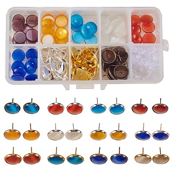 SUNNYCLUE DIY Earring Making, with Cat Eye Cabochons, Brass Stud Earring Findings and Clear Plastic Ear Nuts, Mixed Color, 13.5x7x3cm