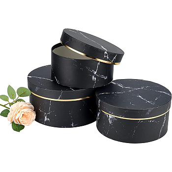 Round Paper Gift Boxes with Gold Line Lids, Decorative Nested Marble Pattern Flowers Arrangements Box, for Wedding Valentines Party Favor Packing, Black, 18.5~21.6x8.5~11.4cm, 3pcs/set