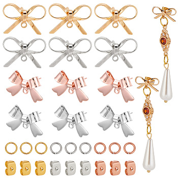 24Pcs 4 Style Bowknot Brass Stud Earring Findings, with Horizontal Loops, 150Pcs Jump Rings, 150Pcs Brass & 304 Stainless Steel Ear Nuts, Mixed Color, 8~11x15~16mm, Hole: 1.2mm, Pin: 0.6~0.7mm, 6Pcs/style