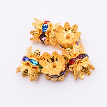 Iron Double Sided Spacer Beads, with Colorful Rhinestone, Flower, Golden, 9.5x8mm, Hole: 0.8mm