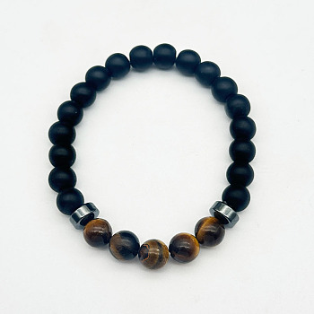 8mm Round Naturla Tiger Eye & Synthetic Non-magnetic Hematite & Frosted Natural Obsidian Beaded Stretch Bracelets for Women Men