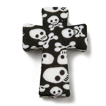 Cross with Skull Silicone Focal Beads, Chewing Beads For Teethers, DIY Nursing Necklaces Making, Black, 35x25x8mm, Hole: 2mm