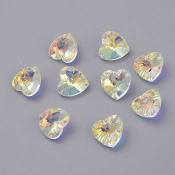 Faceted Glass Charms, Heart, Clear AB, 14x14x7.5mm, Hole: 1.4mm