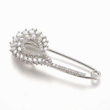 Brass Micro Pave Cubic Zirconia Safety Brooch, Tail, Clear, Platinum, 60x24.5mm, Pin: 1.5mm