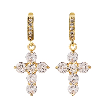Clear Cubic Zirconia Cross Drop Huggie Hoop Earrings, Brass Jewelry for Women, Golden, 37mm, Pin: 0.9mm