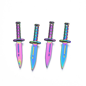 Rainbow Color Alloy Pendants, Cadmium Free & Lead Free, Sword, 39x9.5x4.5mm, Hole: 1.2mm