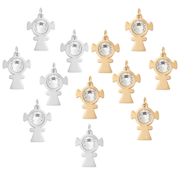 DICOSMETIC 12Pcs 2 Colors 201 Stainless Steel Pendants, with Crystal Rhinestone, Robot, Golden & Stainless Steel Color, 19x14.5x4mm, Hole: 3mm, 6pcs/color