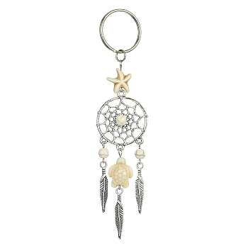 Alloy Woven Net/Web with Feather Pendant Keychain, with Sea Turtle Synthetic Turquoise and Iron Split Key Rings, White, 12.7cm