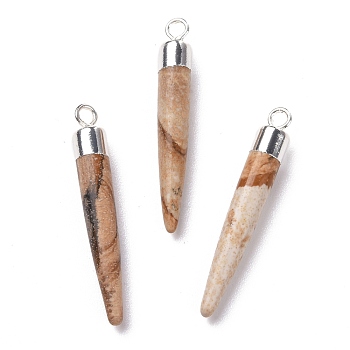 Natural Picture Jasper Brass Pendants, Cadmium Free & Lead Free, Bullet Shaped, Silver Color Plated, 33~37x4~5mm, Hole: 2mm