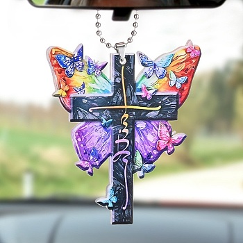 Colorful Butterfly Faith Jesus Cross Acrylic Pendant Decoration, for Car Rear View Mirror Hanging Ornament, 315mm, Pendant: 78x67x3.5