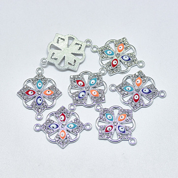 Platinum Plated Alloy Links, with Crystal Rhinestone and Enamel, Cross with Evil Eye, Colorful, 28.5x22.5x2.5mm, Hole: 1.8mm