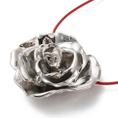 Ожерелье с подвеской в виде цветка розы из цинкового сплава с кожаными шнурами(NJEW-D044-01P)-4