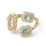 Green Cubic Zircon Rectangle & Oval Open Cuff Ring, Rack Plating Brass Jewelry for Women, Cadmium Free & Nickel Free & Lead Free, Real 18K Gold Plated, US Size 7 1/2(17.7mm)(RJEW-B043-11)