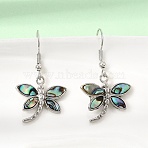 Rack Plating Brass Dangle Earrings for Women, with Shell, Dragonfly, Platinum, Black, 35x19~20mm(KK-CBA69D1-01P-01)