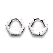 304 Stainless Steel Hexagon Huggie Hoop Earrings, Stainless Steel Color, 12.5x14.5x3mm, Pin: 1mm(STAS-J033-03A-P)