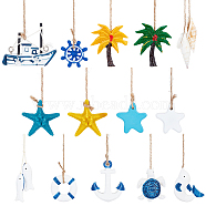AHADEMAKER 14Pcs 14 Style Mediterranean Style Resin & Shell & Plastic Pendant Decoration, with Jute Cord, Starfish/Coconut Tree/Anchor Shape, Mixed Color, 115~285mm, Pendants: 41.5~64x22~56x2.5~17.5mm, 1pc/style(HJEW-GA0001-34)
