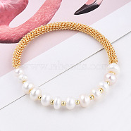 Natural Cultured Freshwater Pearl Beads Cuff Bangle, Real 14K Gold Plated Brass Jewelry for Women, Creamy White, Inner Diameter: 2 inch(5cm)(BJEW-T021-02G)