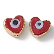 Brass Beads, with Enamel, Real 18K Gold Plated, Heart with Evil Eye, FireBrick, 14.5x16x7mm, Hole: 1.6mm(KK-A176-06G-05)