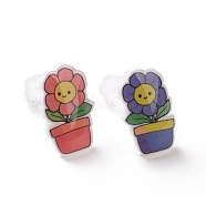 Acrylic Cute Plants Stud Earrings with Plastic Pins, Asymmetrical Earrings for Women, Colorful, 14x8mm, Pin: 0.9mm(EJEW-F293-01A)