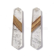 Transparent Resin & Walnut Wood Pendants, Hexagon Charms with Silver Foil, Clear, 49x12x3.5mm, Hole: 2mm(RESI-M027-06A)