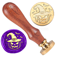 Retro Halloween Golden Tone Brass Sealing Wax Stamp Head, with Removable Wood Handle, for Envelopes Invitations, Gift Card, Pumpkin, 83x22mm, Stamps: 25x14.5mm(AJEW-WH0208-817)