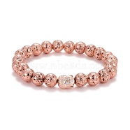 Electroplated Natural Lava Rock Round Beads Essential Oil Anxiety Aromatherapy Stretch Bracelet, Buddha Head Alloy Beads Bracelet for Girl Women, Rose Gold, Inner Diameter: 2-1/4 inch(5.6cm)(BJEW-JB07056)