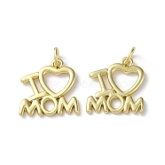Mother's Day Rack Plating Brass Charms, with Jump Ring, Cadmium Free & Lead Free, Long-Lasting Plated, Word I Love Mom Charm, Real 18K Gold Plated, 14.5x14.5x1.5mm, Hole: 3.2mm(KK-P245-05G)