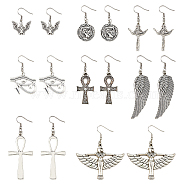 8 Pairs 8 Sytle Bat & Ankh Cross & Eye of Ra/Re & Egyptian Zinc Alloy Dangle Earrings, 304 Stainless Steel Jewelry for Women, Antique Silver, 34.5~76mm, Pin: 0.6mm, 1 Pair/style(EJEW-FI0001-37)