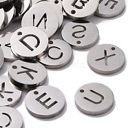 304 Stainless Steel Charms,  Flat Round with Letter, Stainless Steel Color, Random Mixed Letters, 10x1mm, Hole: 1mm(STAS-P212-15P-M)