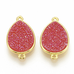 Druzy Resin Links connectors, with Golden Tone Brass Findings, teardrop, Camellia, 22~23x13.5x4~5mm, Hole: 1mm(RESI-T019-06K)