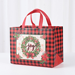 Christmas Theme Tartan Non-woven Fabric Gift Tote Bags with Handle, Rectangle, Red, Christmas Wreath, Unfold: 33x32x0.2cm, fold: 32x17.5x24cm(ABAG-G017-01D)