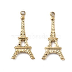 304 Stainless Steel Pendants, Eiffel Tower Charm, Ion Plating(IP), Real 18K Gold Plated, 22x10x2mm, Hole: 1.5mm(STAS-Z121-35G)