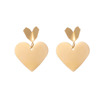304 Stainless Steel Heart Dangle Stud Earrings for Women, Golden, 29x23mm