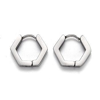 304 Stainless Steel Hexagon Huggie Hoop Earrings, Stainless Steel Color, 12.5x14.5x3mm, Pin: 1mm
