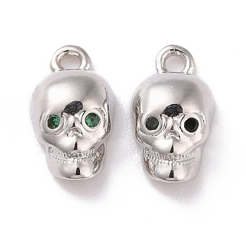 Brass Micro Pave Green Cubic Zirconia Charms, Cadmium Free & Lead Free, Skull, Platinum, 10.5x5.5x3.5mm, Hole: 1mm