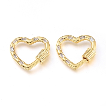 Brass Micro Pave Cubic Zirconia Screw Carabiner Lock Charms, for Necklaces Making, Heart, Golden, Clear, 19x20.5x4.5mm