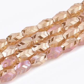 Electroplate Glass Beads Strands, Frosted, Faceted, Barrel, Coral, 7.5x7.5x11mm, Hole: 1.2mm, about 60pcs/strand, 25.9 inch