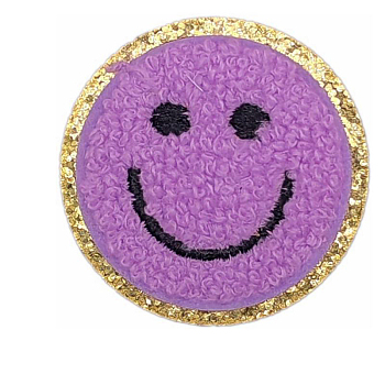 Flat Round with Smiling Face Computerized Towel Embroidery Cloth Iron on/Sew on Patches, Chenille Appliques, Costume Accessories, Orchid, 50mm