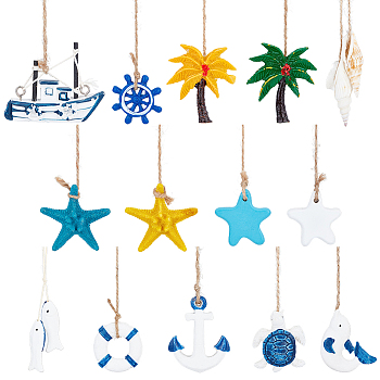 AHADEMAKER 14Pcs 14 Style Mediterranean Style Resin & Shell & Plastic Pendant Decoration, with Jute Cord, Starfish/Coconut Tree/Anchor Shape, Mixed Color, 115~285mm, Pendants: 41.5~64x22~56x2.5~17.5mm, 1pc/style