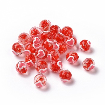 Handmade Lampwork Beads, Round with Heart, Red, 10x9mm, Hole: 1.4mm