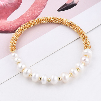 Natural Cultured Freshwater Pearl Beads Cuff Bangle, Real 14K Gold Plated Brass Jewelry for Women, Creamy White, Inner Diameter: 2 inch(5cm)