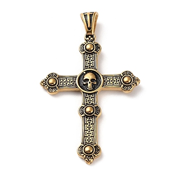Ion Plating(IP) 304 Stainless Steel Big Pendants, Cross with Skull Charm, Antique Golden, 69x41.5x4mm, Hole: 5x7.5mm