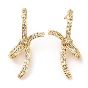 Cubic Zirconia Knot Stud Earrings, Brass Earrings for Women, Golden, 30.5x14.5mm