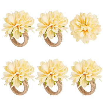 Jute Braided Napkin Rings, with Polyseter Artificial Flower, for Wedding, Valentine's Day, Anniversary, Yellow, 75mm, Inner Diameter: 36.5mm